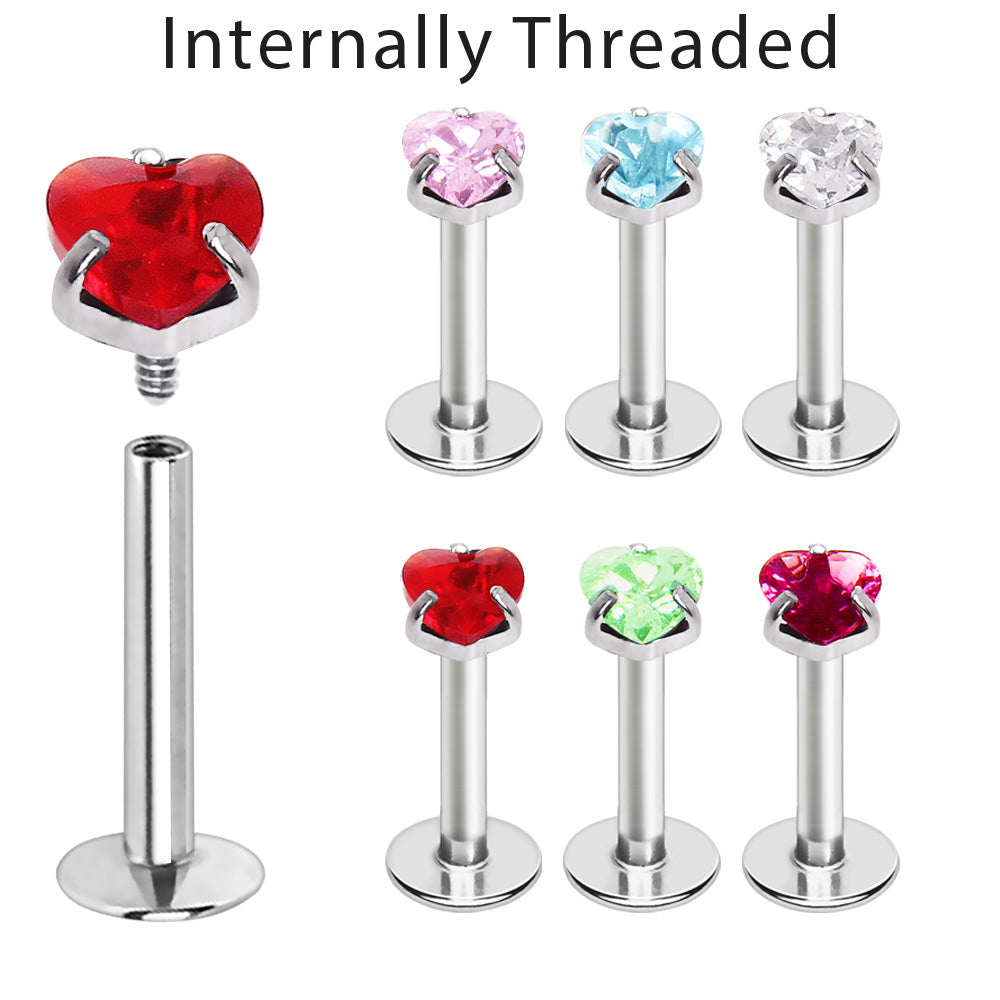 316L Stainless Steel Internally Threaded Prong Set Heart CZ Labret - Skin Metals