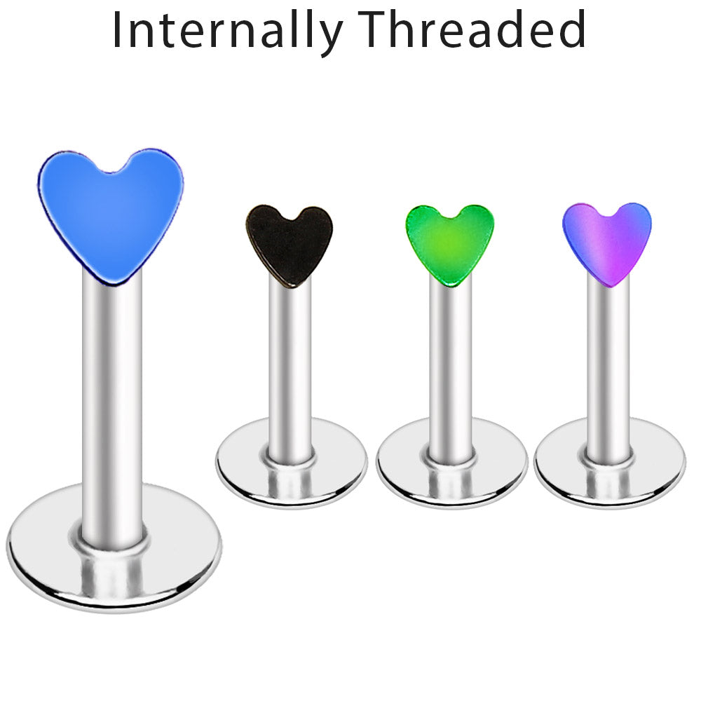 316L Stainless Steel Internally Threaded Labret with PVD Heart Top - Skin Metals