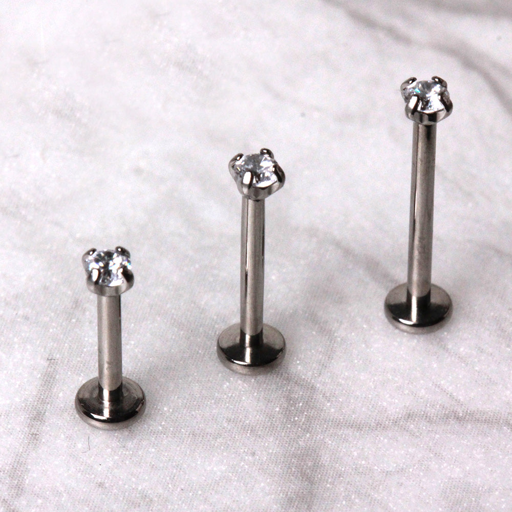 316L Stainless Steel Push In Labret with Clear Prong Set CZ