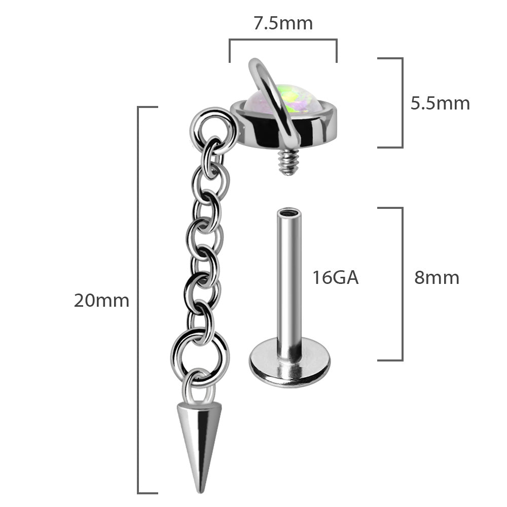Internally Threaded 316L Stainless Steel Planet with Dangle Spike Labret