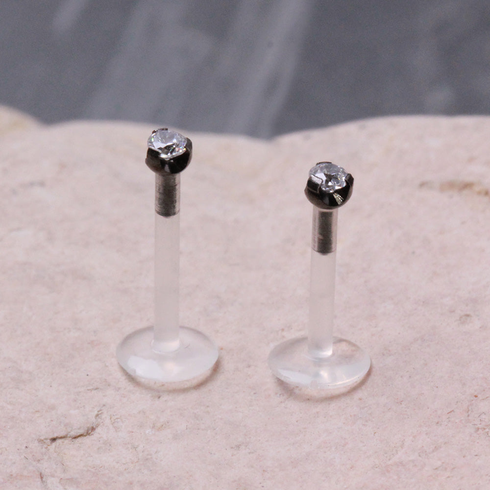 PTFE Bioflex Internally Threaded Labret with Black PVD Prong Set CZ Top - Skin Metals