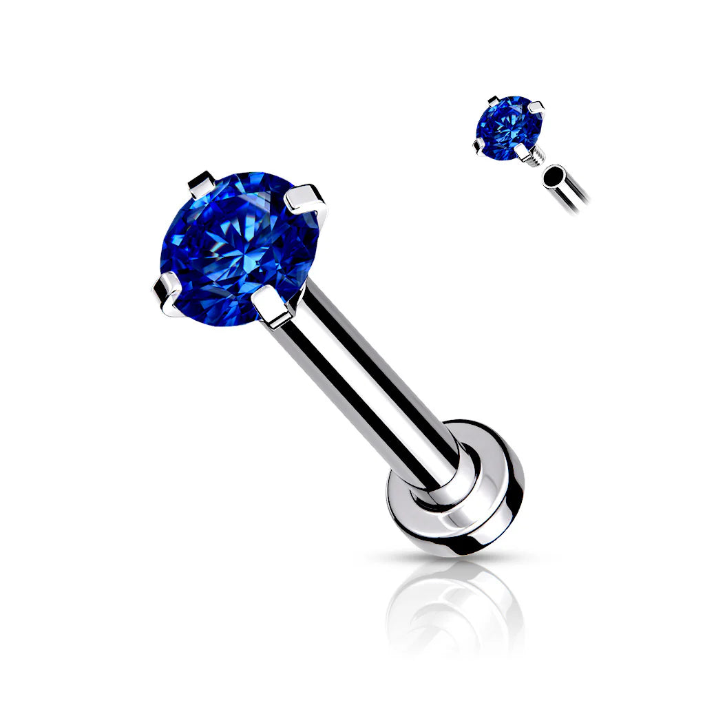 CZ Prong Set Top Internally Threaded 316L Surgical Steel Labret, Flat Back Studs For Lip, Chin, Nose and More Labret Skin Metals