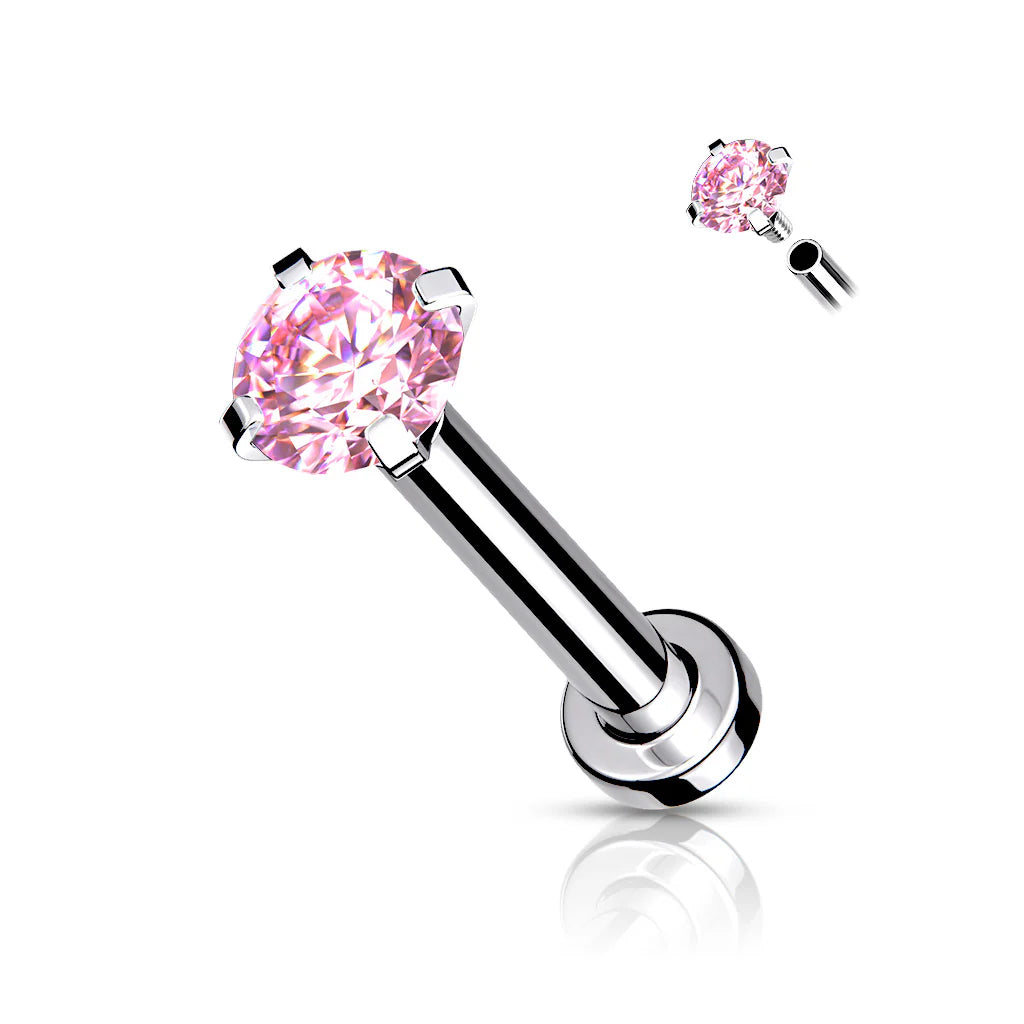 CZ Prong Set Top Internally Threaded 316L Surgical Steel Labret, Flat Back Studs For Lip, Chin, Nose and More Labret Skin Metals