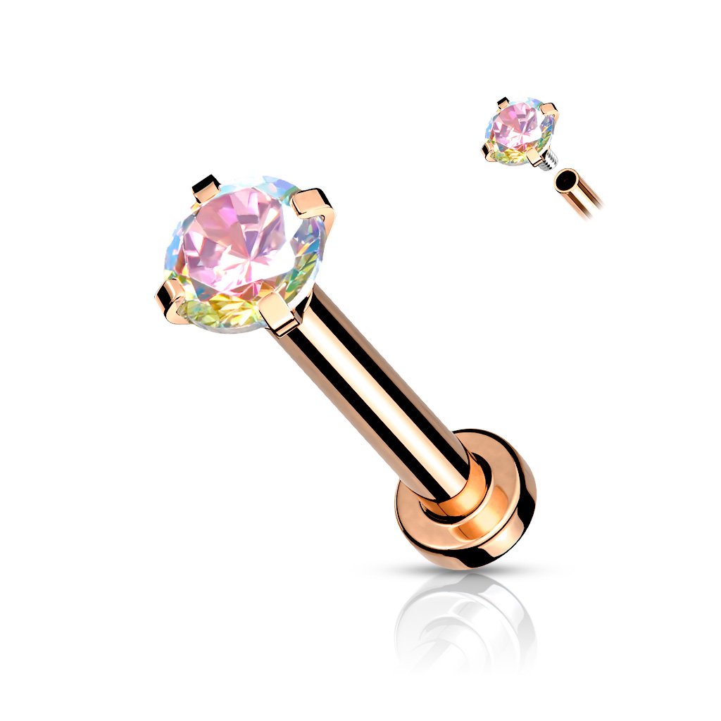 CZ Prong Set Top Internally Threaded PVD Over Micro Base 316L Surgical Steel Labret, Flat Back Studs For Lip, Chin, Nose and More Labret Skin Metals