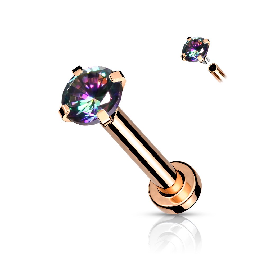 CZ Prong Set Top Internally Threaded PVD Over Micro Base 316L Surgical Steel Labret, Flat Back Studs For Lip, Chin, Nose and More Labret Skin Metals