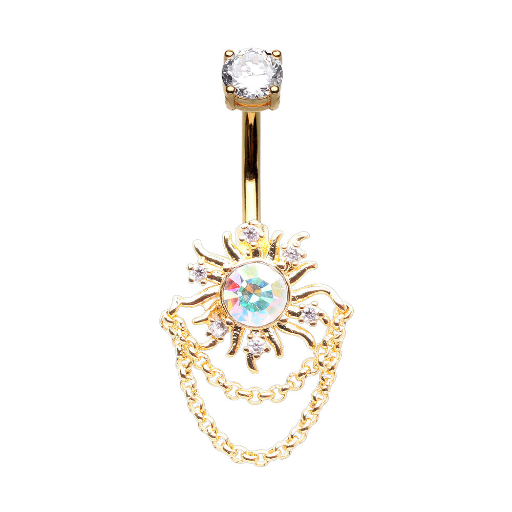 Golden Blazing Sun Double Chain Cubic Zirconia Belly Button Ring Belly Button Ring Impulse Piercings
