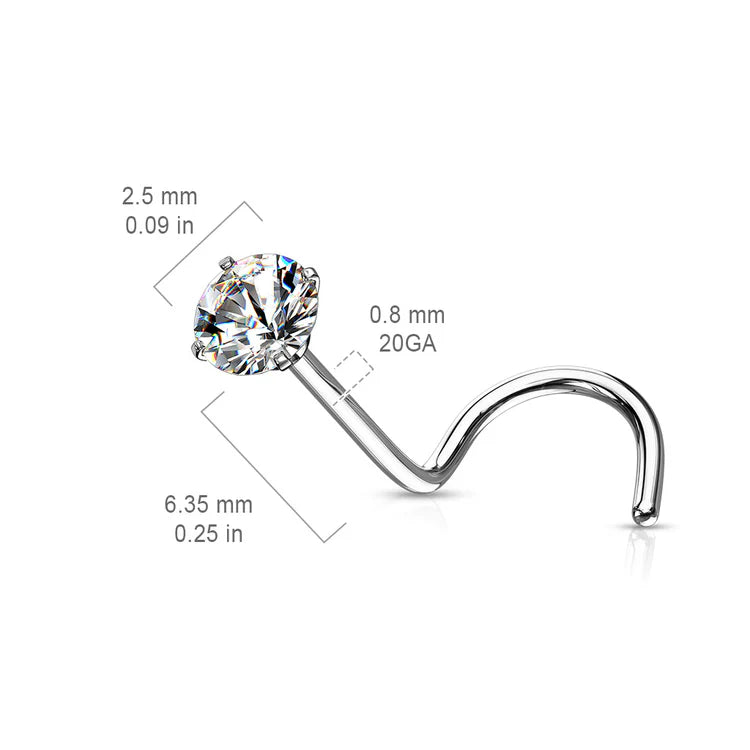 Prong Set Round CZ Top 316L Surgical Steel Nose Screw Rings Nose Ring Skin Metals