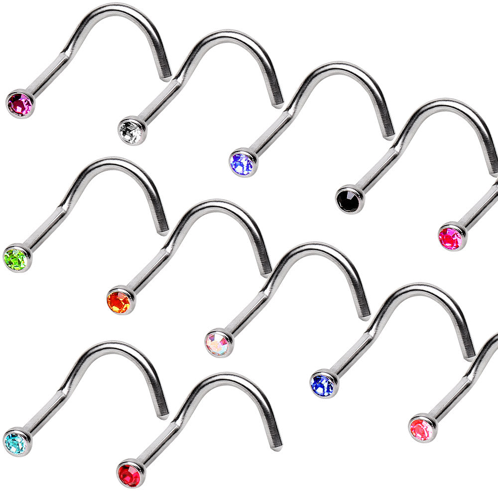 316L Stainless Steel Screw Nose Ring with Press Fitted Gem - Skin Metals