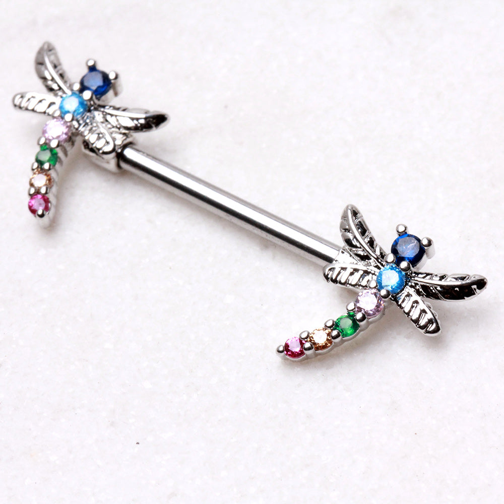 Rainbow Jeweled Dragonfly Nipple Bar Nipple Ring Skin Metals