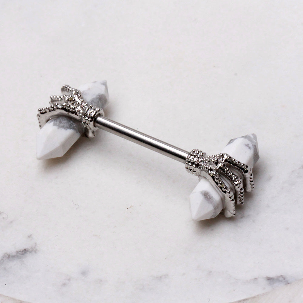 316L Stainless Steel Triple Claw Nipple Bar with Howlite Stones Nipple Ring Skin Metals