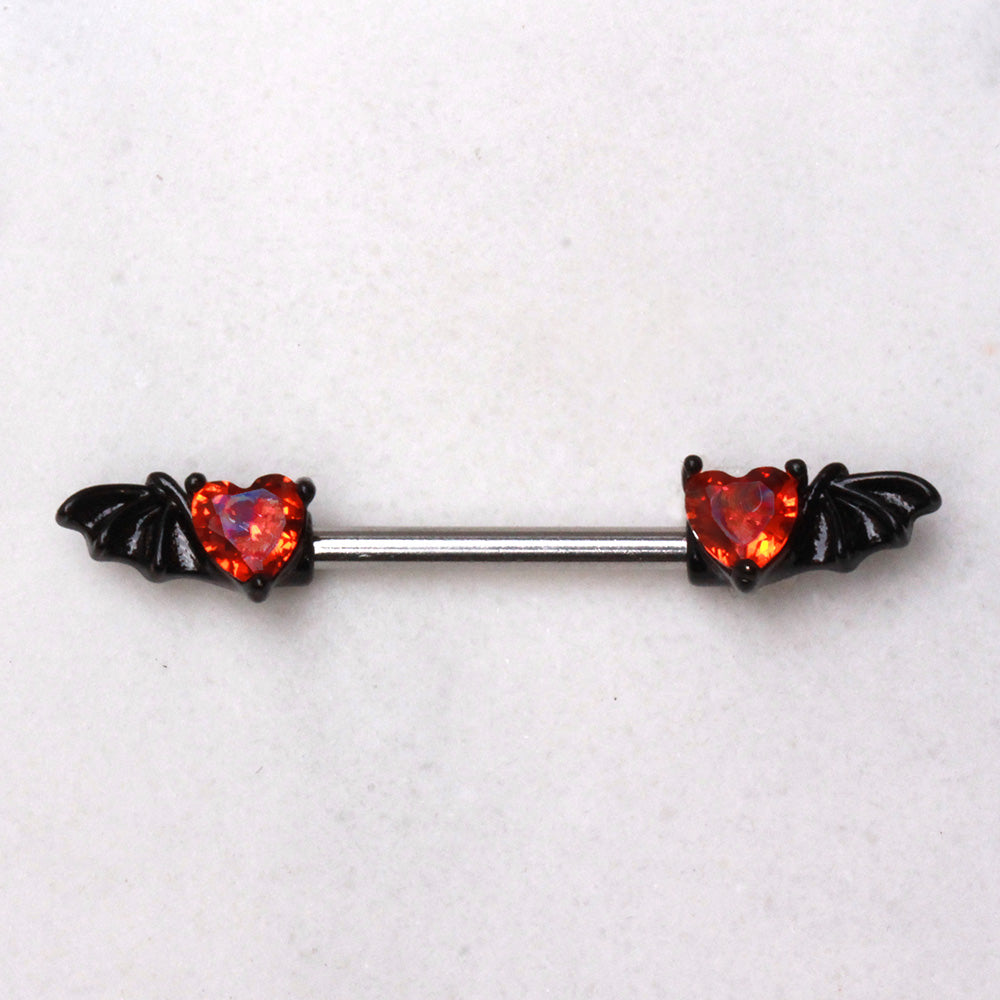 Black PVD Plated Red Heart Bat Wing Nipple Bar Nipple Ring Skin Metals