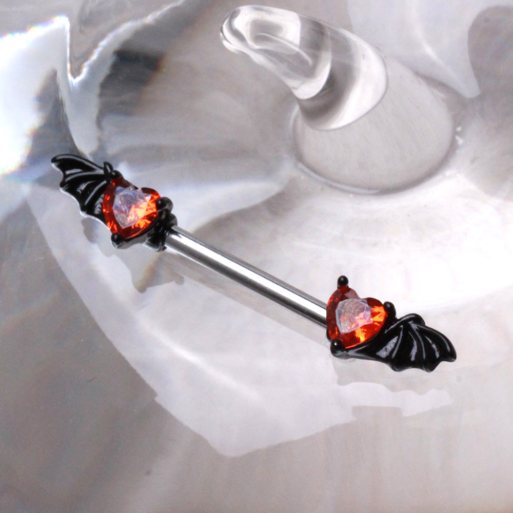 Black PVD Plated Red Heart Bat Wing Nipple Bar Nipple Ring Skin Metals