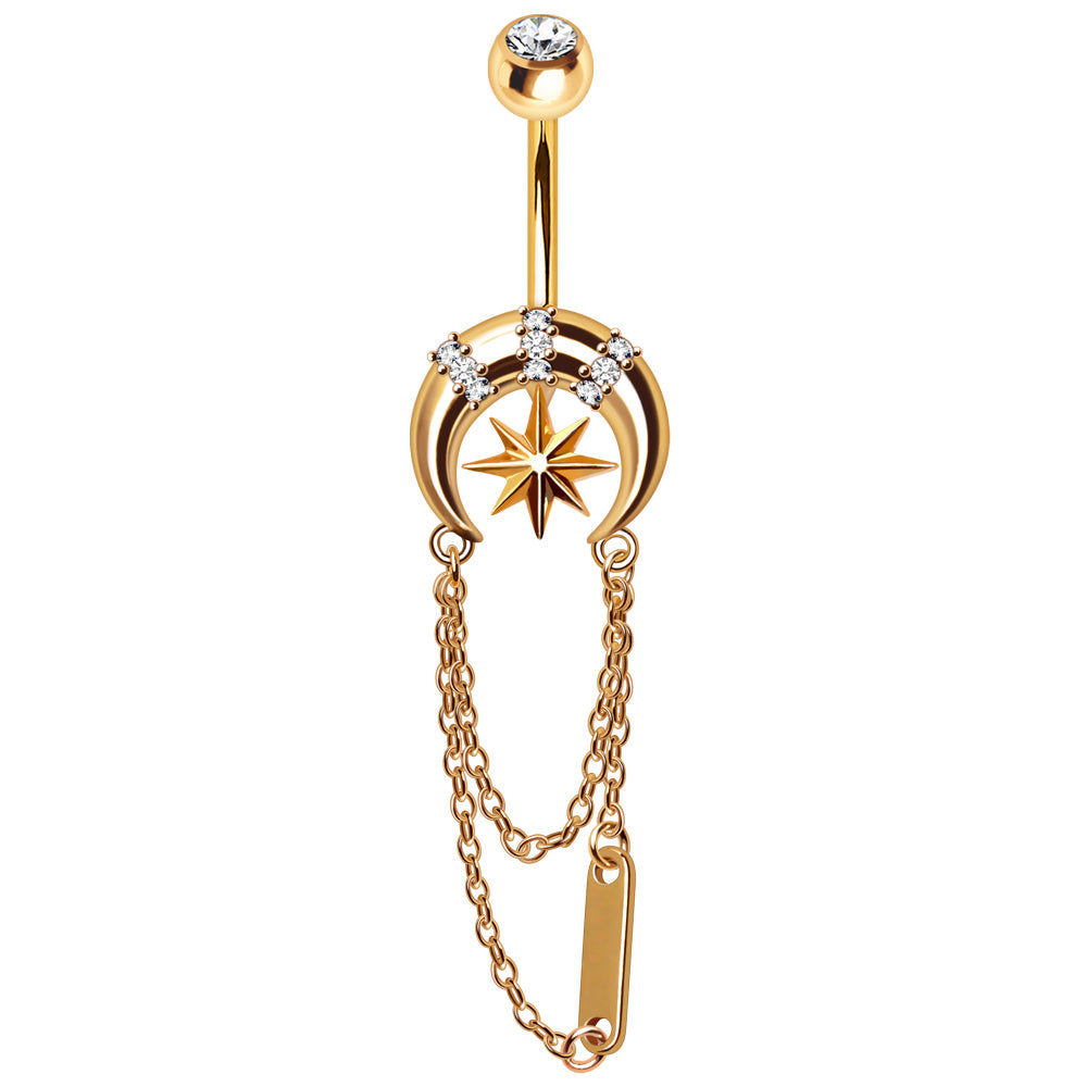 Gold Star Moon Belly Button Ring 14G Chain Dangle Navel Ring CZ Celestial Jewelry - Skin Metals