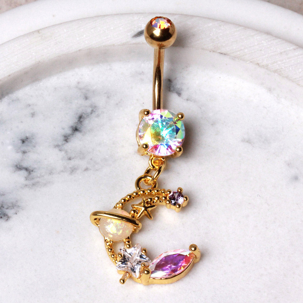 Gold Plated Galaxy Moon and Star Dangle Navel Ring Navel Ring Skin Metals