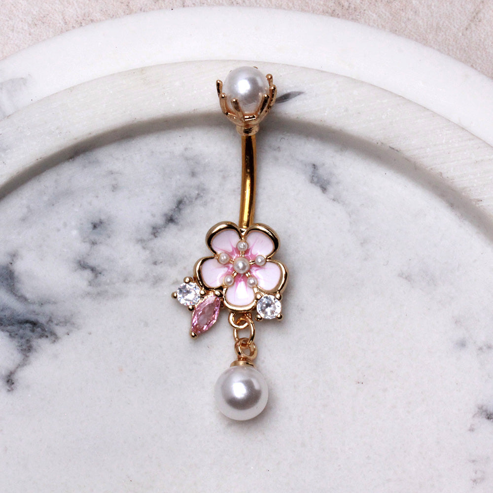 Gold Plated Flower and Pearls Navel Ring Navel Ring Skin Metals