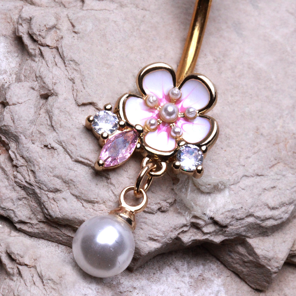 Gold Plated Flower and Pearls Navel Ring Navel Ring Skin Metals