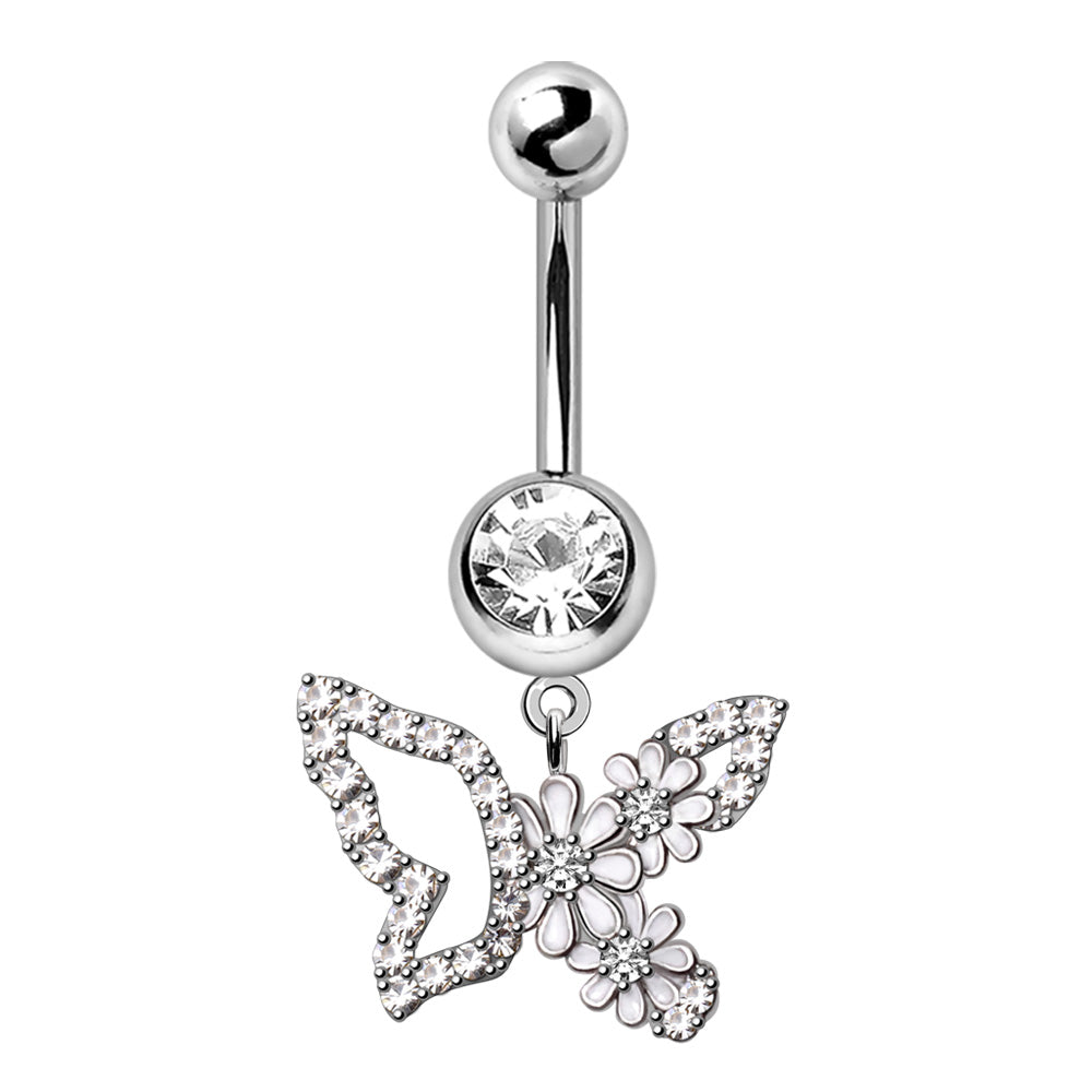 316L Stainless Steel White Flower Butterfly Dangle Navel Ring Navel Ring Skin Metals
