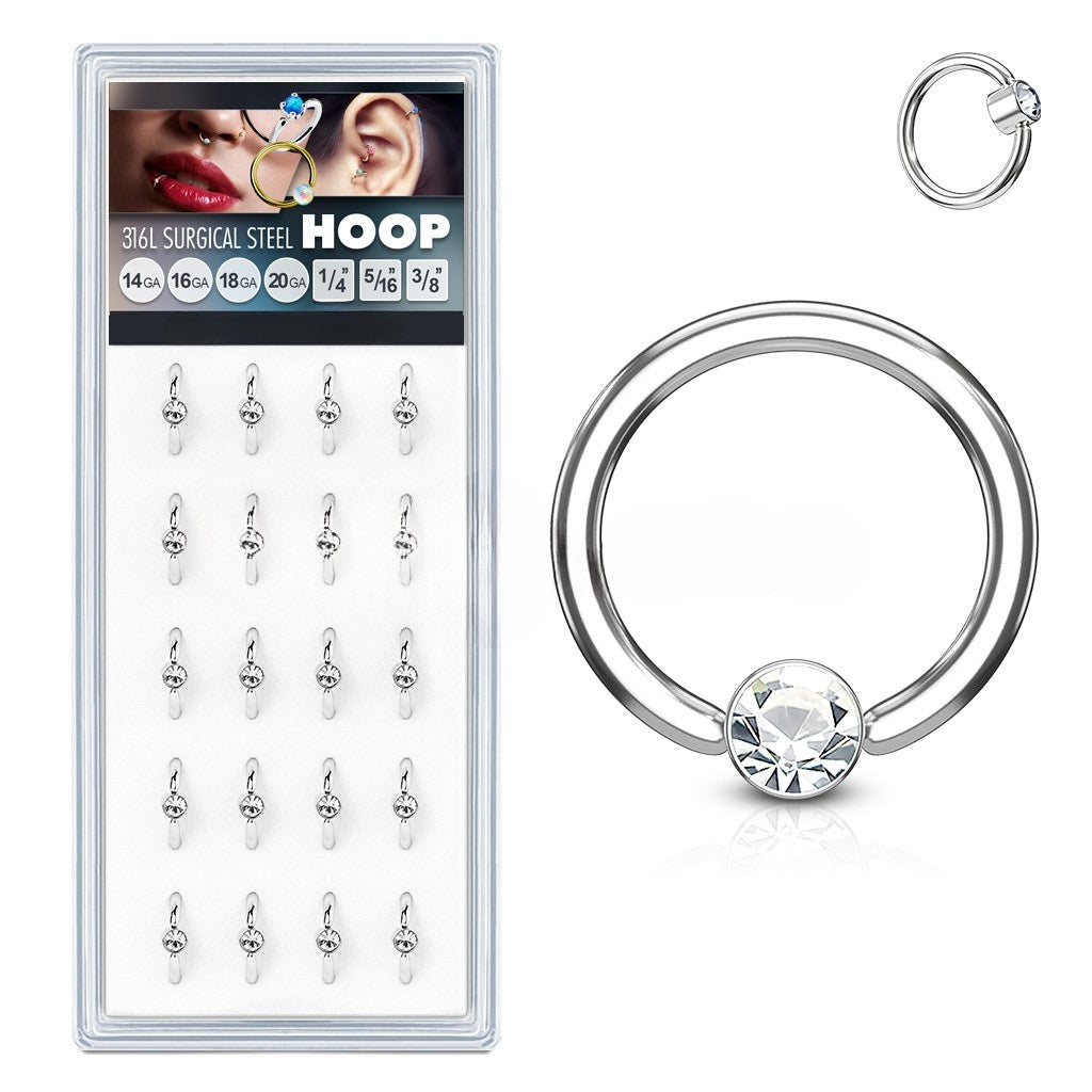 20 Pcs Pre Loaded 316L Surgical Steel Hoop Rings with Flat Set Gem Value Pack Skin Metals
