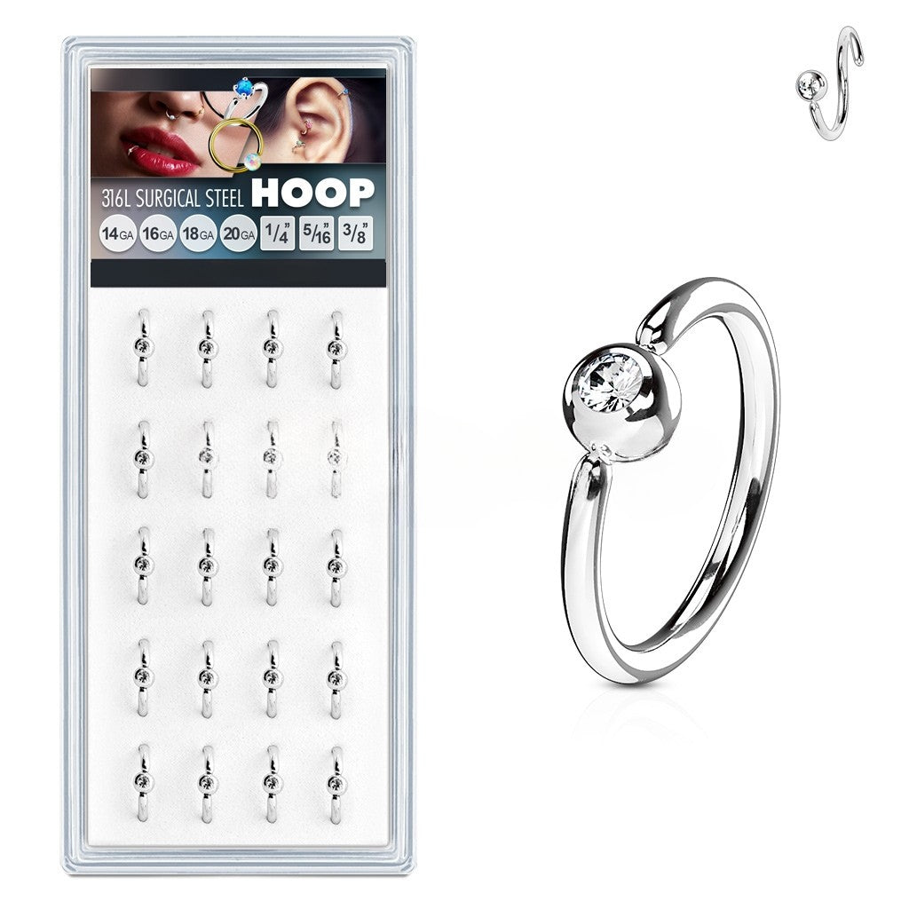 20 Pcs Pre Loaded Box of Fixed Facing Out Clear Gem Ball Hoop Rings for Nose, Ear Cartilage, Lip and More Value Pack Skin Metals