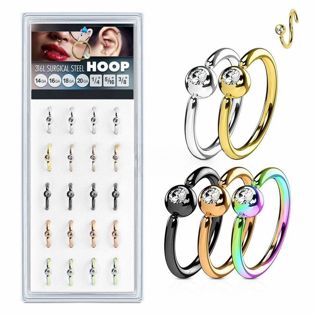 20 Pcs Pre Loaded Box of Fixed Facing Out IP Plated Over 316L Surgical Steel Clear Gem Ball Hoop Rings for Nose, Ear Cartilage, Lip and More Value Pack Skin Metals