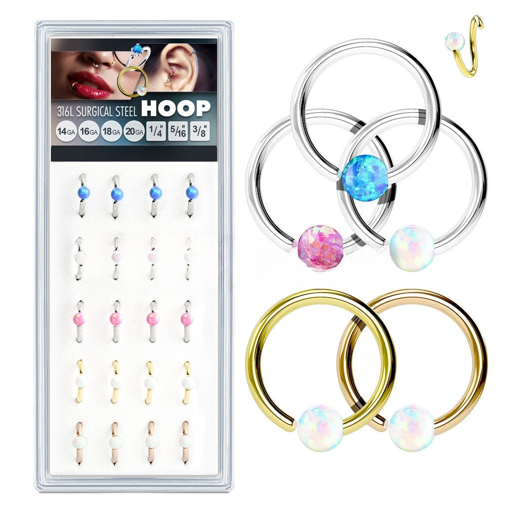 20 Pcs Pre Loaded Box of Fixed Opal Ball 316L Surgical Steel Hoop Rings for Nose, Ear Cartilage, Lip and More Value Pack Skin Metals