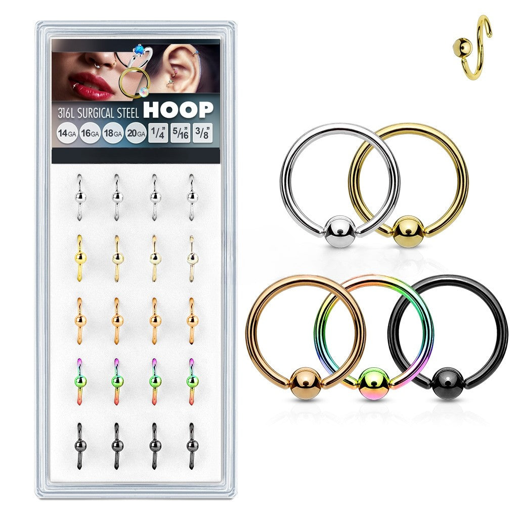 20 Pcs Pre Loaded 316L Surgical Steel Ion Plated Fixed Ball Hoop Rings Pack Value Pack Skin Metals