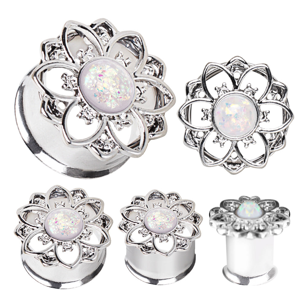 316L Stainless Steel Flower Tunnel Plug with White Opal — Sold as Pair