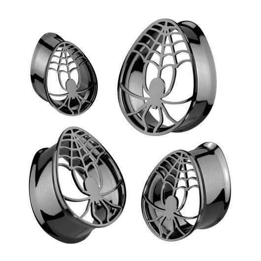 316L Surgical Steel Black PVD Tear Drop Double Flare Tunnel With Hollow Spider Plugs Impulse Piercings