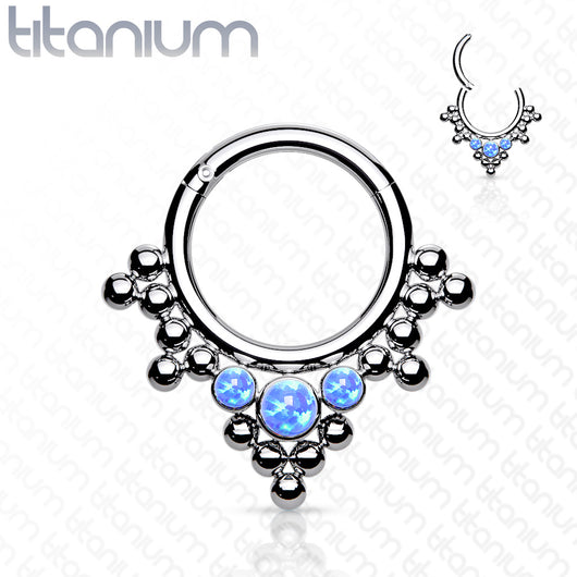 Implant Grade Titanium Hinged Segment Hoop Ring With 3 Bezel Set Opals and Clustered Tribal Beads Hoop Ring Impulse Piercings 5/16" (8mm) Opal Blue