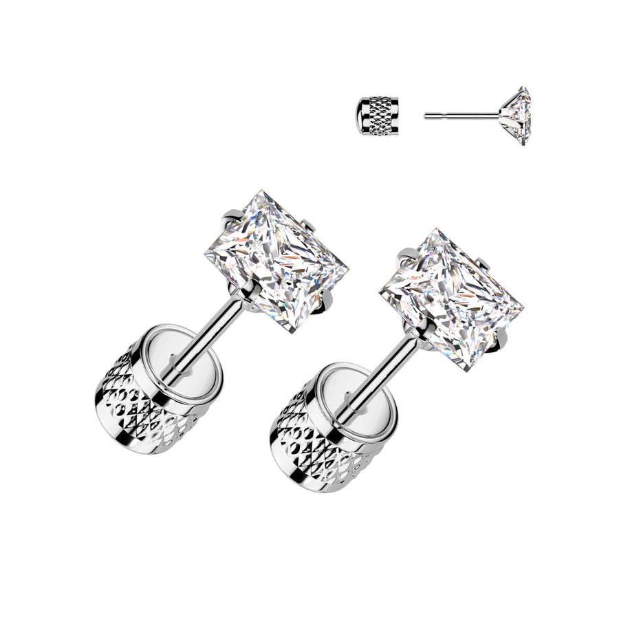 Pair of Square Prong Set Clear CZ Top 316L Surgical Steel Earrings With Cylinder Clip Backing Earrings Skin Metals