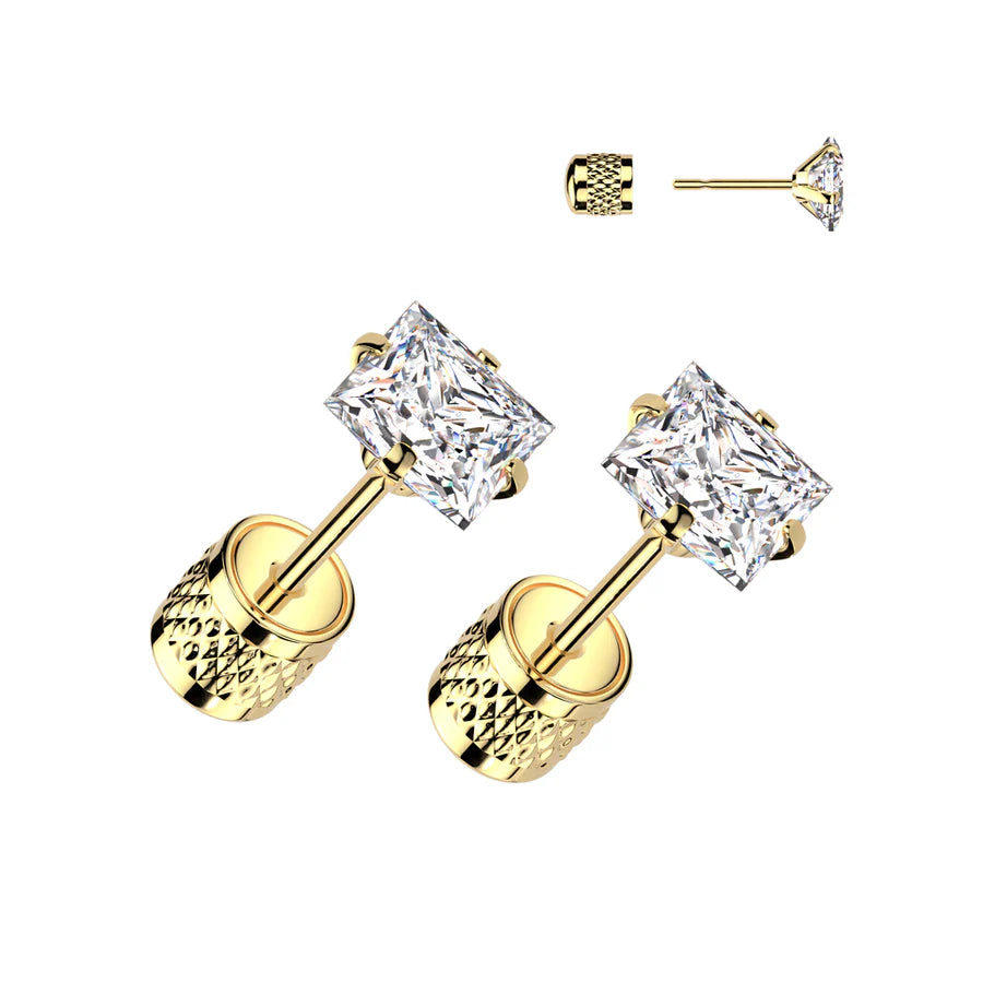 Pair of Square Prong Set Clear CZ Top 316L Surgical Steel Earrings With Cylinder Clip Backing Earrings Skin Metals