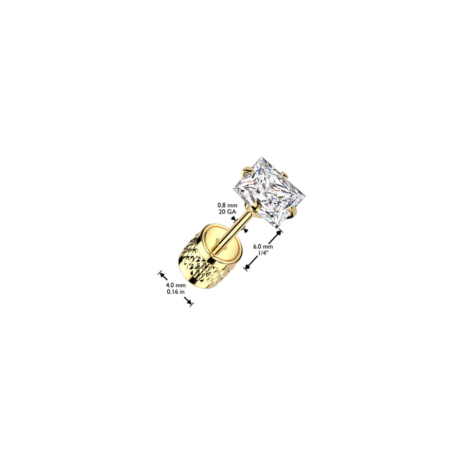 Pair of Square Prong Set Clear CZ Top 316L Surgical Steel Earrings With Cylinder Clip Backing Earrings Skin Metals