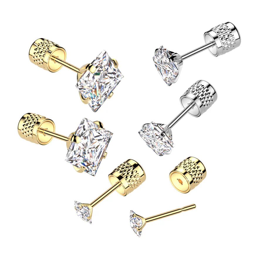 Pair of Square Prong Set Clear CZ Top 316L Surgical Steel Earrings With Cylinder Clip Backing Earrings Skin Metals