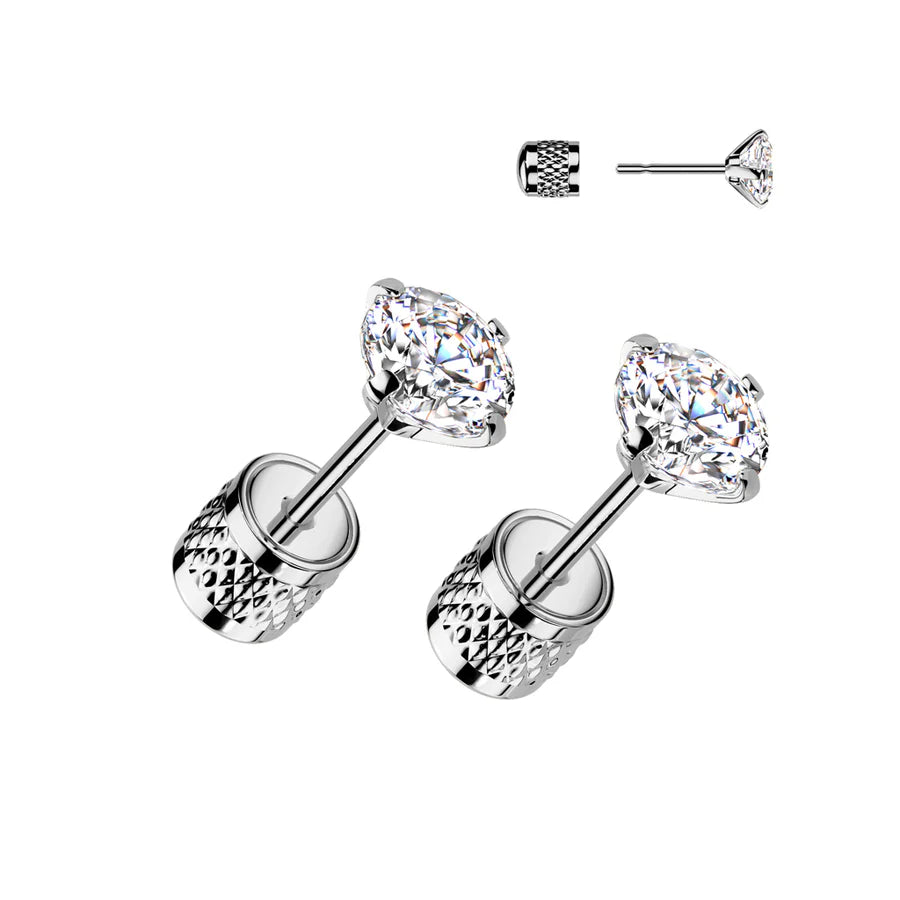 Pair of Round Prong Set Clear CZ Top 316L Surgical Steel Earrings With Cylinder Clip Backing Earrings Skin Metals