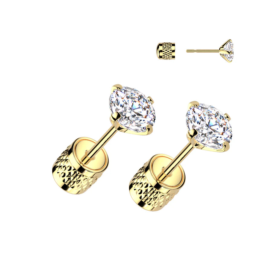 Pair of Round Prong Set Clear CZ Top 316L Surgical Steel Earrings With Cylinder Clip Backing Earrings Skin Metals