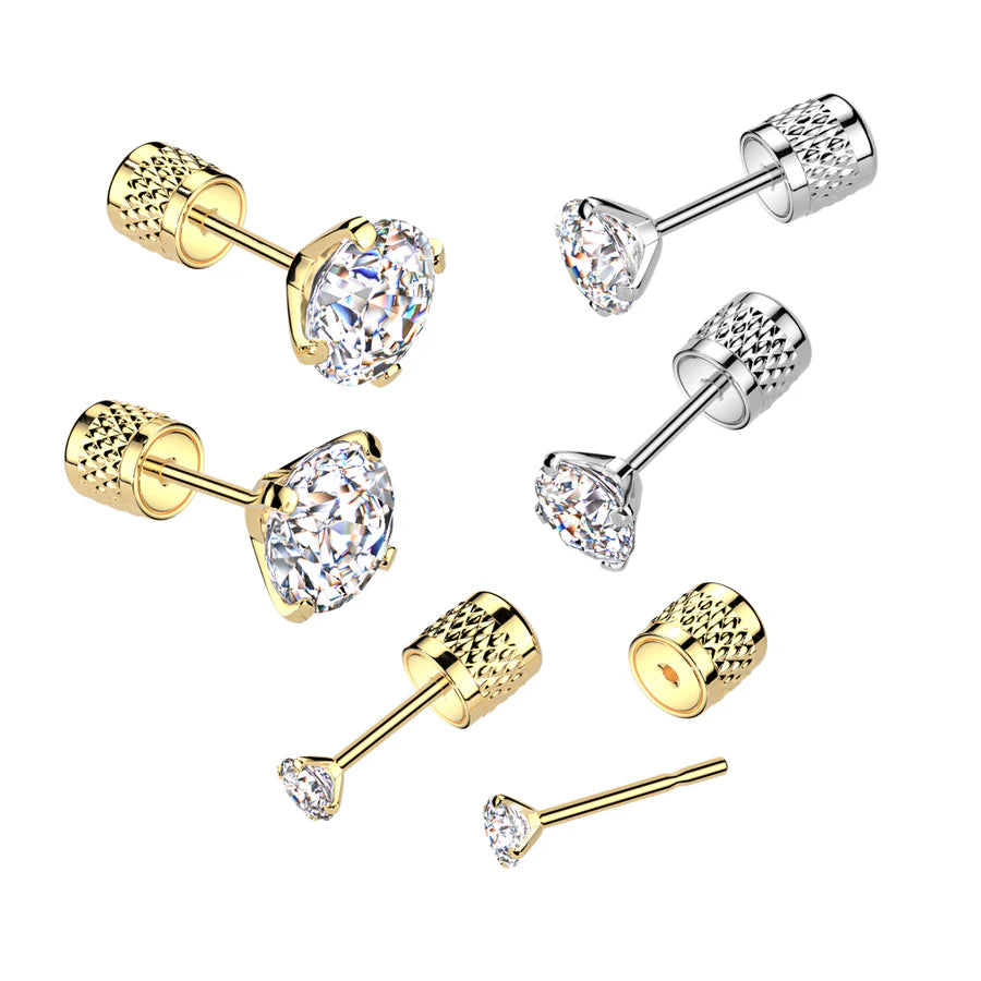 Pair of Round Prong Set Clear CZ Top 316L Surgical Steel Earrings With Cylinder Clip Backing Earrings Skin Metals