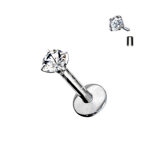 Implant Grade Titanium Internally Threaded Prong Set Round CZ Labret Labret Skin Metals