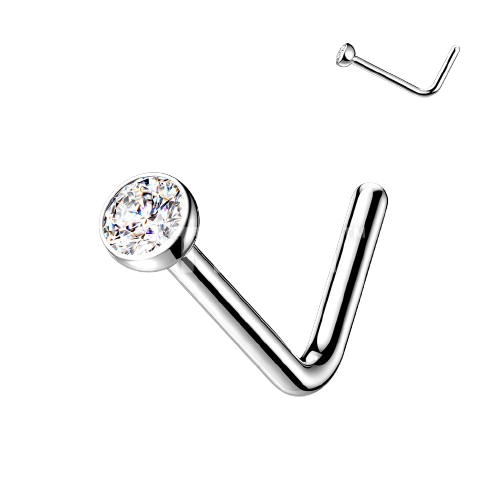 Implant Grade Titanium L Bend Nose Stud With Micro Press Fit Jewel Nose Ring Skin Metals