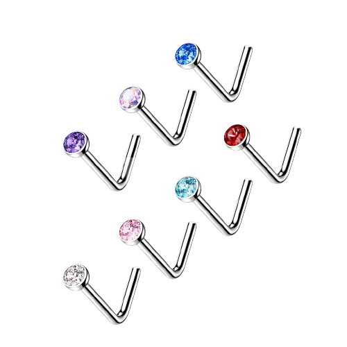 Implant Grade Titanium L Bend Nose Stud With Micro Press Fit Jewel Nose Ring Skin Metals