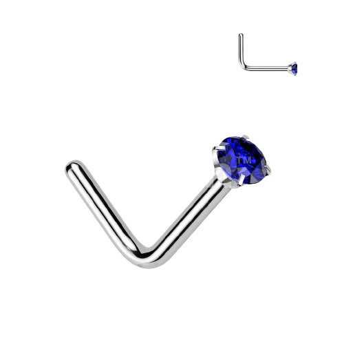 Implant Grade Titanium L Bend Nose Stud With Round Prong Set CZ Nose Ring Skin Metals