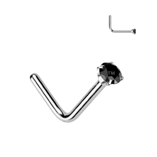 Implant Grade Titanium L Bend Nose Stud With Round Prong Set CZ Nose Ring Skin Metals