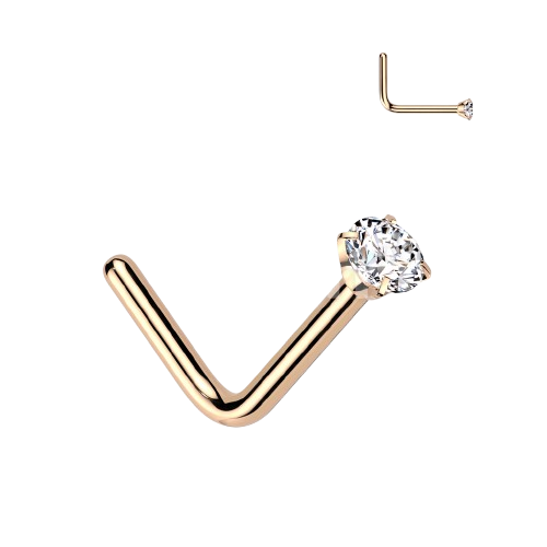 Implant Grade Titanium L Bend Nose Stud With Round Prong Set CZ Nose Ring Skin Metals