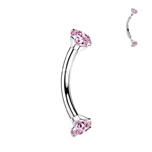 Implant Grade Titanium Internally Threaded Curved Barbell With Prong Set CZ Ends Barbell Skin Metals