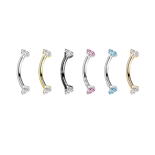 Implant Grade Titanium Internally Threaded Curved Barbell With Prong Set CZ Ends Barbell Skin Metals