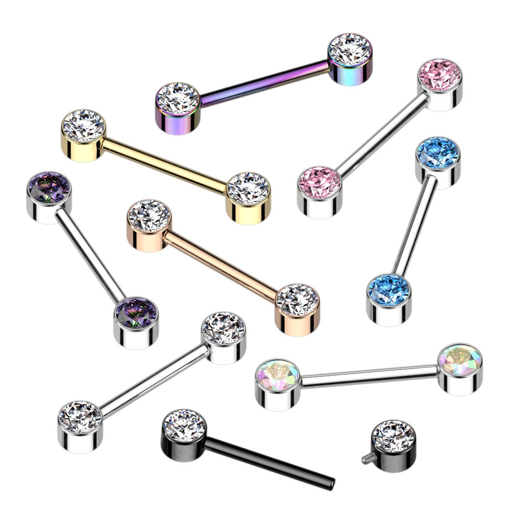 Implant Grade Titanium Internally Threaded Nipple Barbell With Bezel Set CZ Ends Nipple Barbell Skin Metals
