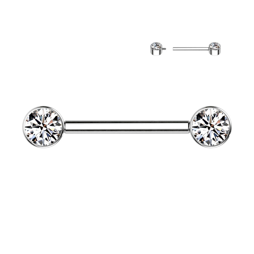 Implant Grade Titanium Internally Threaded Nipple Barbell With Bezel Set CZ Ends Nipple Barbell Skin Metals