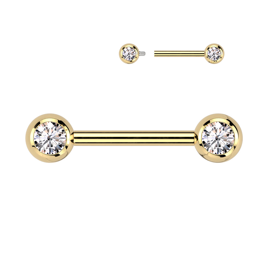 Implant Grade Titanium Internally Threaded Nipple Barbell With Pressed Fit CZ Set Ball Ends Nipple Barbell Skin Metals
