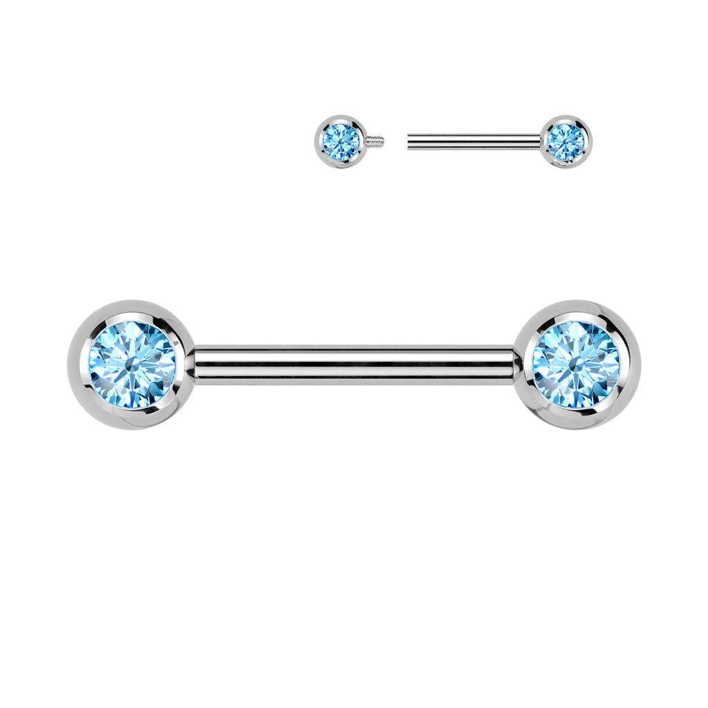 Implant Grade Titanium Internally Threaded Nipple Barbell With Pressed Fit CZ Set Ball Ends Nipple Barbell Skin Metals
