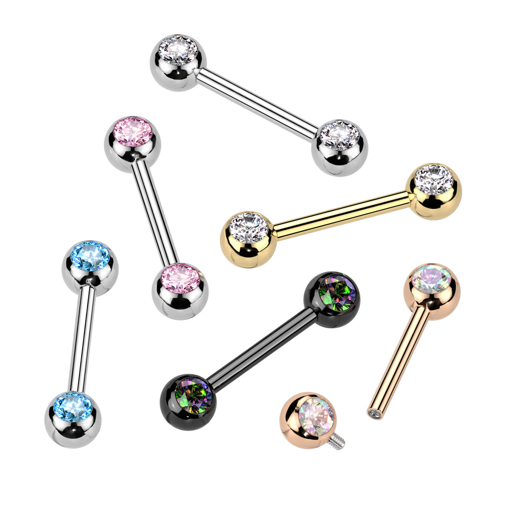 Implant Grade Titanium Internally Threaded Nipple Barbell With Pressed Fit CZ Set Ball Ends Nipple Barbell Skin Metals