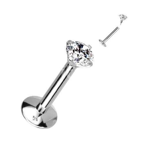 Implant Grade Titanium Internally Threaded 4mm Convex Base Labret With Prong Set CZ Extended Thread Top Labret Skin Metals